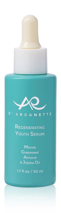 D'Arganette Regenerating Youth Serum in a teal dropper bottle
